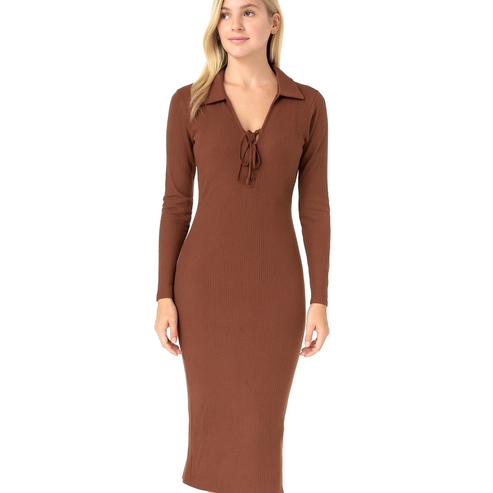 Lush ribbed Long-sleeve Collar Brown Maxi dress with side split, Size XS, NWT
